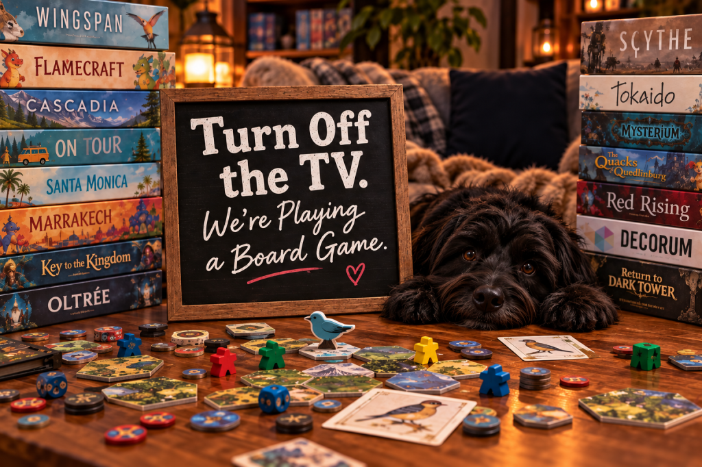 A cozy board game table surrounded by colorful game boxes and pieces, with a fluffy black dog resting beside a sign that reads, “Turn Off the TV. We’re Playing a Board Game.”