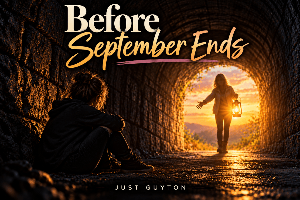 Person sitting in a dark tunnel while another person stands in the light at the tunnel’s end, holding a glowing lantern and reaching out a hand, symbolizing hope, recovery, support, and finding a way through the darkness.