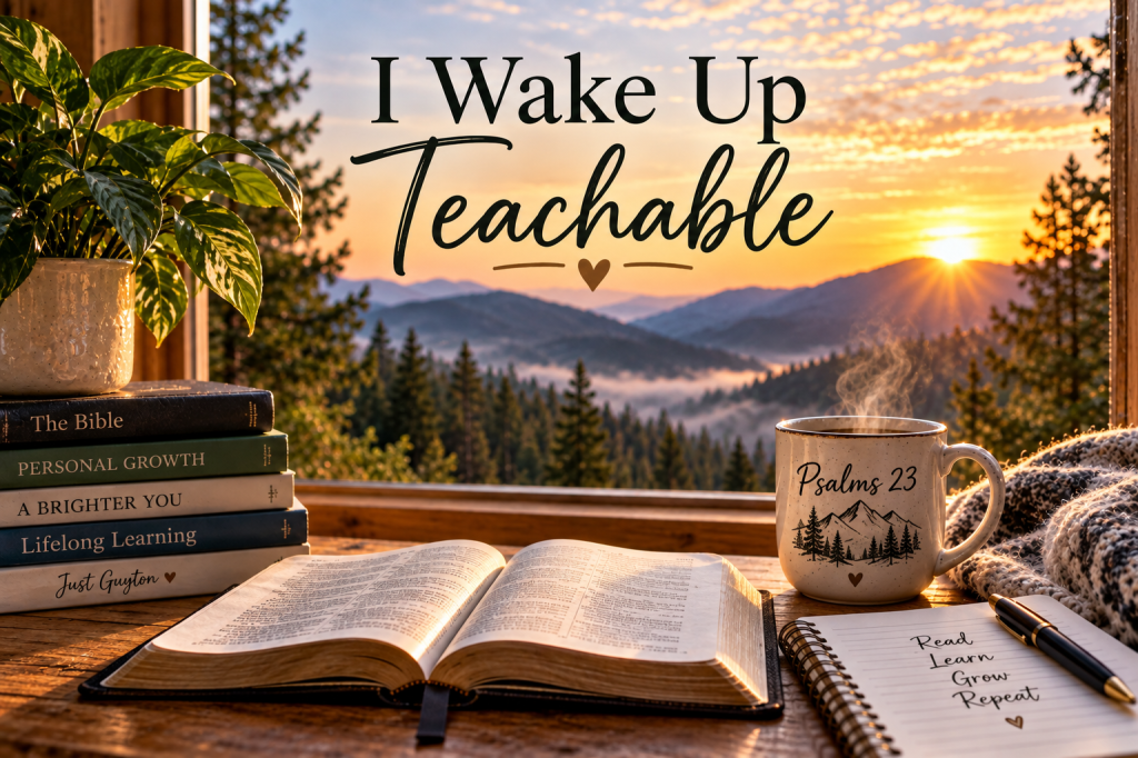 A cozy sunrise scene overlooking forested mountains with an open Bible, books, a notebook, a steaming Psalms 23 coffee mug, and the words “I Wake Up Teachable.”