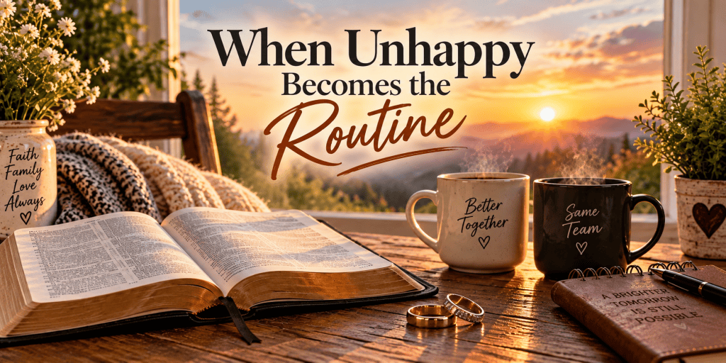 Featured image for “When Unhappy Becomes the Routine,” showing an open Bible, wedding rings, two coffee mugs, and a journal on a wooden table against a warm sunrise.