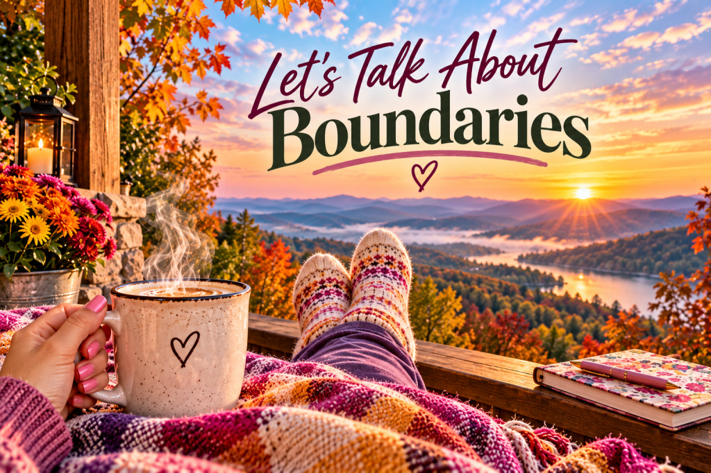 Colorful autumn mountain view with pink-painted nails holding a steaming coffee mug, purple pants, cozy patterned socks and a bright blanket beneath the words “Let’s Talk About Boundaries.”