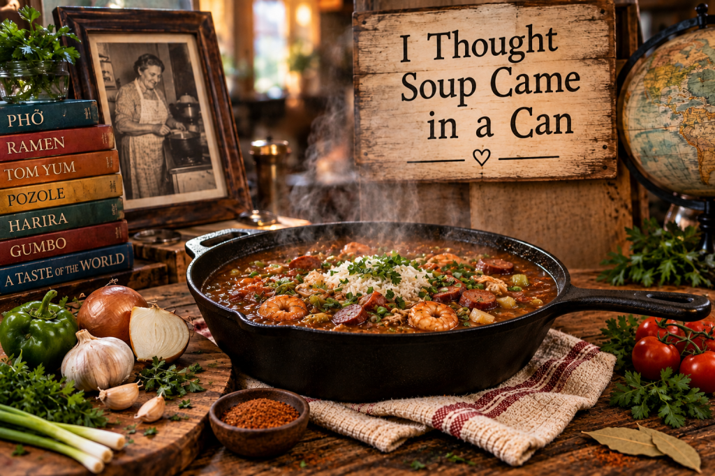 A steaming cast-iron skillet filled with hearty gumbo and rice sits on a rustic kitchen table surrounded by fresh ingredients, vintage cookbooks, an old photograph, and a globe. A wooden sign reads, “I Thought Soup Came in a Can.”