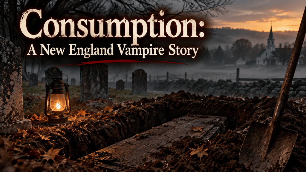 Foggy New England cemetery at dusk with an open grave, wooden coffin, glowing lantern, and shovel beneath the title “Consumption: A New England Vampire Story.”