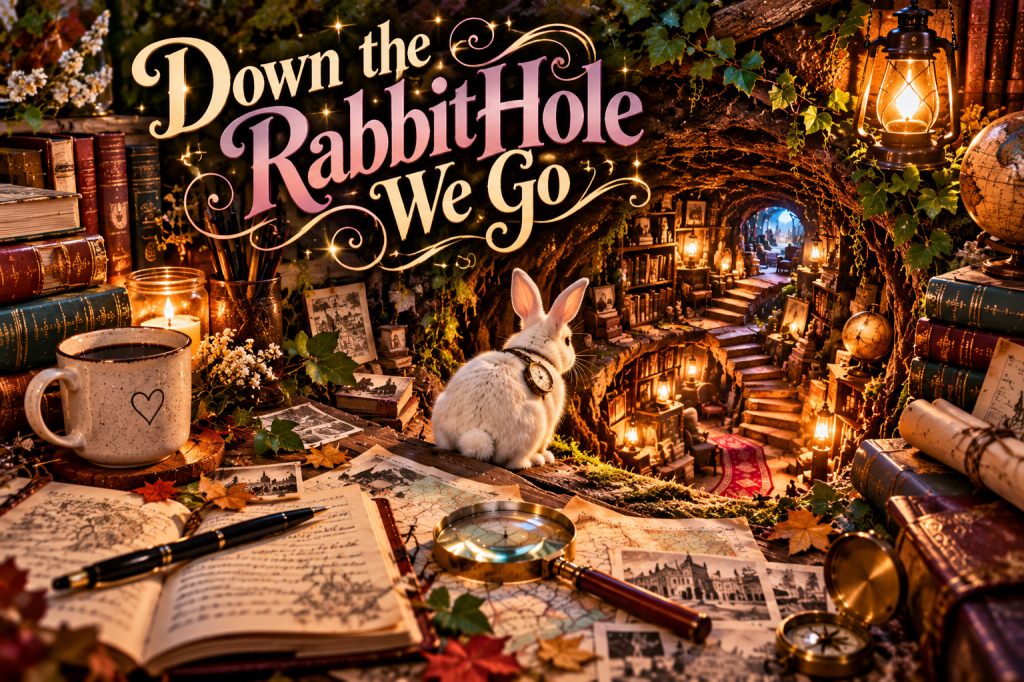 A white rabbit sits beside a glowing rabbit hole filled with books, lanterns, and winding passages, surrounded by research notes, maps, photographs, and a magnifying glass. The title reads “Down the Rabbit Hole We Go.”