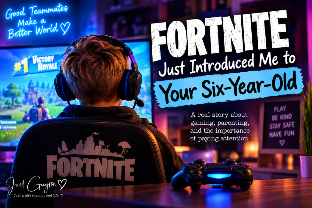 Fortnite-themed gaming scene featuring a young child wearing a headset, highlighting online gaming safety, parental awareness, and knowing who children are talking to online.