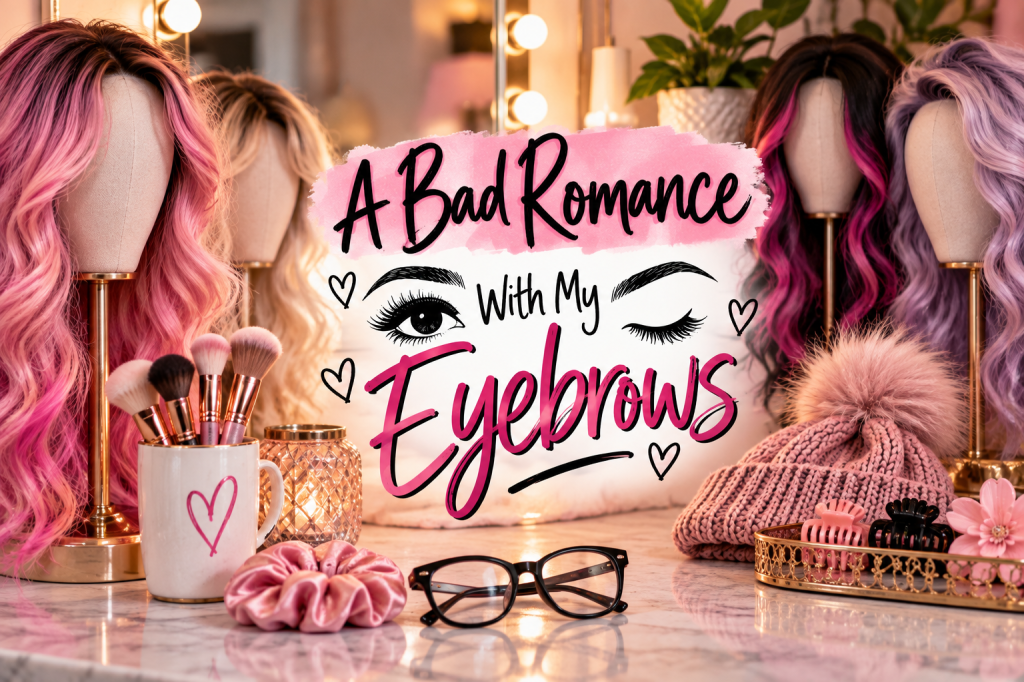 Pink-themed vanity featuring colorful wigs on stands, eyeglasses, a pink beanie, and hair accessories surrounding the words “A Bad Romance With My Eyebrows.”