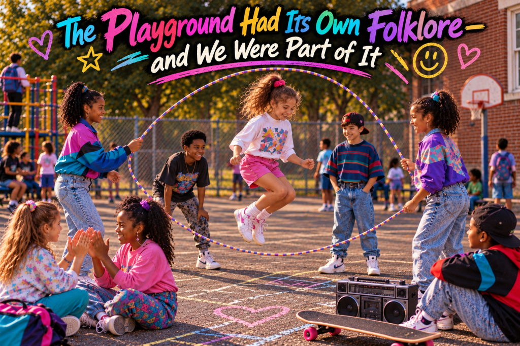 A diverse group of children in colorful 1980s-style clothing playing Double Dutch and hand-clapping games on a school playground, with the title “The Playground Had Its Own Folklore—and We Were Part of It” across the top.