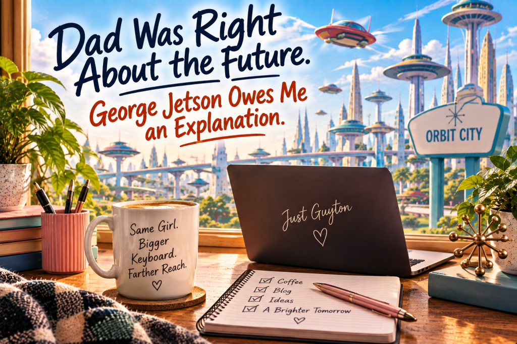 Retro-futuristic city with flying cars seen from a cozy writing desk with coffee, a laptop, notebook, and the blog title “Dad Was Right About the Future. George Jetson Owes Me an Explanation.”