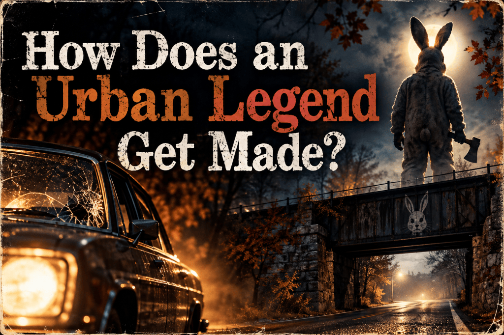 Eerie illustration inspired by the Bunny Man urban legend, featuring a mysterious figure in a rabbit costume holding an axe on a foggy railroad bridge at night, with a damaged car below and the title “How Does an Urban Legend Get Made?”