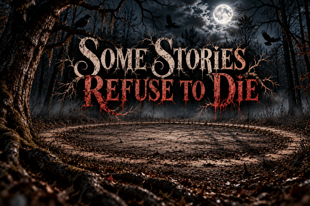 Creepy moonlit forest surrounding the barren circle of the Devil’s Tramping Ground in North Carolina, with crows overhead and the title “Some Stories Refuse to Die.”