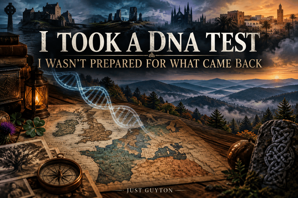 Featured image for “I Took a DNA Test. I Wasn’t Prepared for What Came Back,” featuring an ancestral map, glowing DNA strand, old photographs, misty mountains, and imagery representing European and North African heritage.