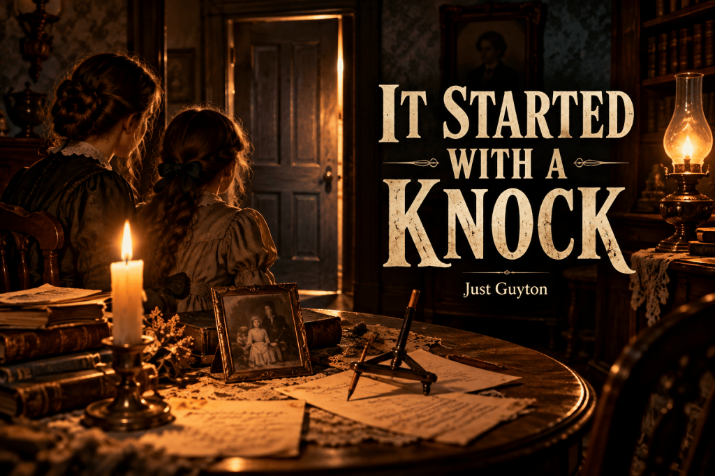 Two young girls in a candlelit Victorian parlor look toward a mysterious closed door, surrounded by antique books, photographs, handwritten papers, and oil lamps. Text reads “It Started With a Knock — Just Guyton.”
