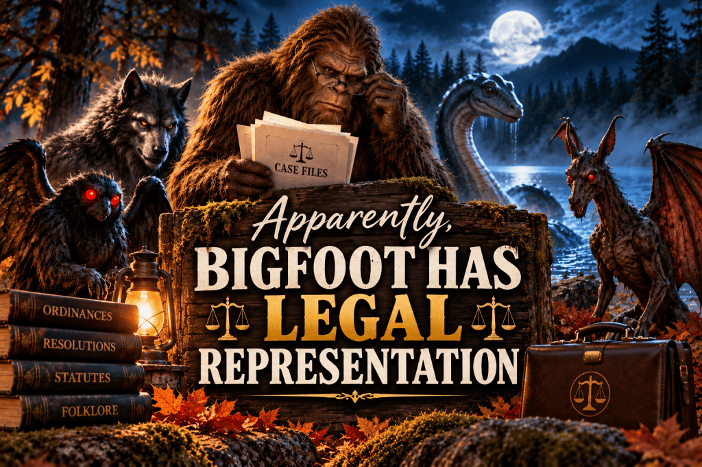 Bigfoot holding legal case files alongside a werewolf, Mothman, a lake monster and the Jersey Devil in a moonlit forest, surrounding a sign that reads “Apparently, Bigfoot Has Legal Representation.”