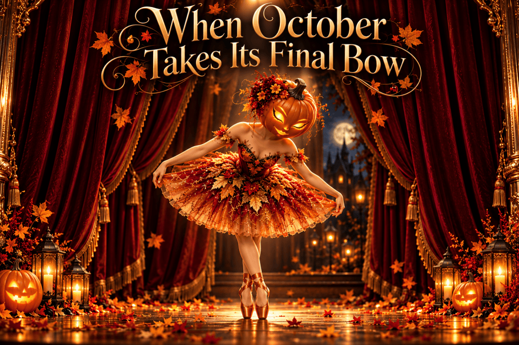 An elegant pumpkin-headed ballerina in a burgundy, orange, and gold autumn tutu takes her final bow beneath closing red velvet theater curtains. Glowing jack-o’-lanterns, candlelit lanterns, and scattered autumn leaves surround the stage. Above her, ornate golden lettering reads “When October Takes Its Final Bow.”