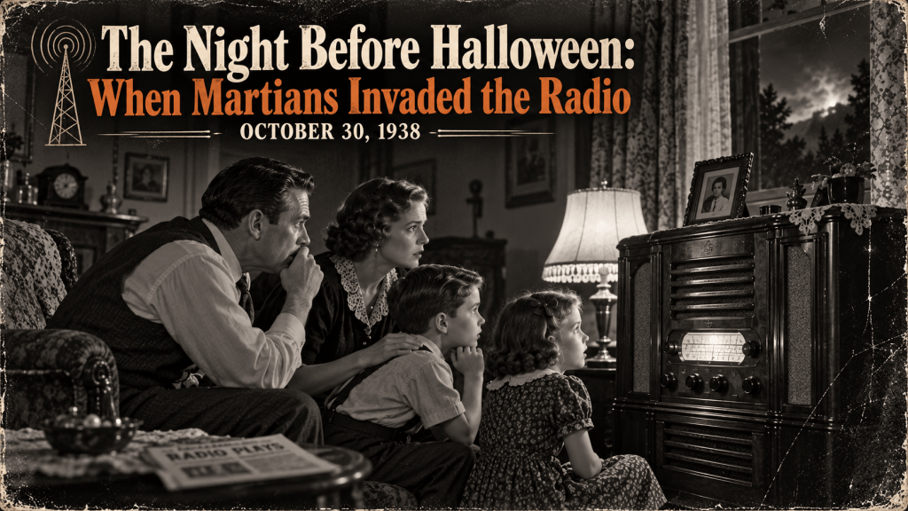 Black-and-white vintage-style image of a 1938 American family gathered anxiously around a wooden radio, listening to the infamous War of the Worlds broadcast on October 30, 1938, the night before Halloween.