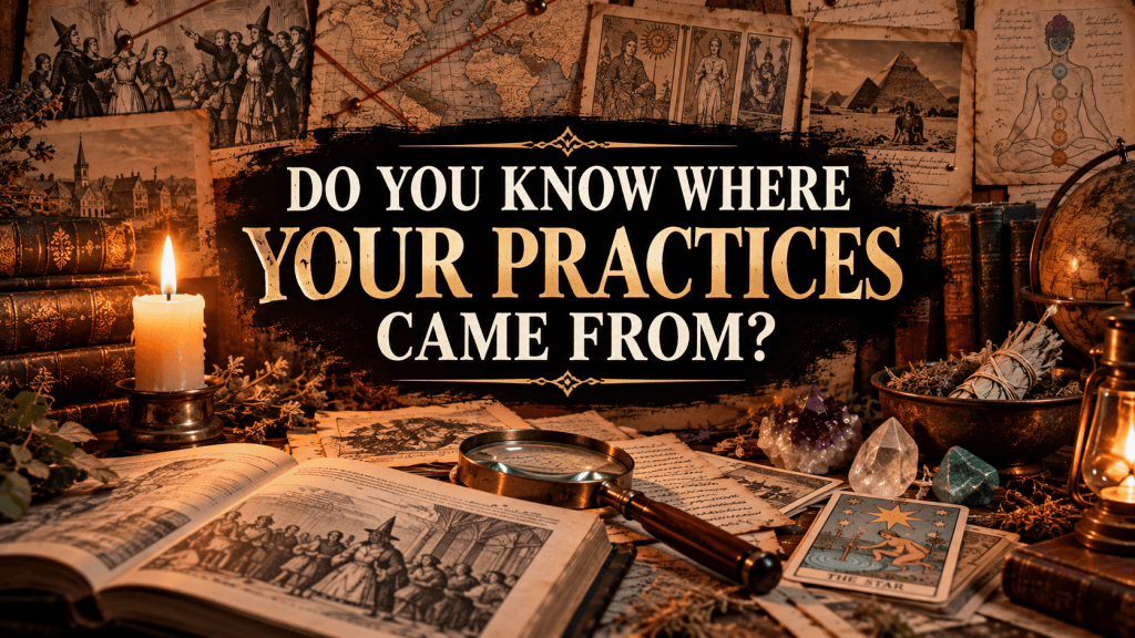 Vintage research desk with old books, historical documents, tarot cards, crystals, herbs, a magnifying glass, and imagery representing the history of spiritual practices, with the title “Do You Know Where Your Practices Came From?”