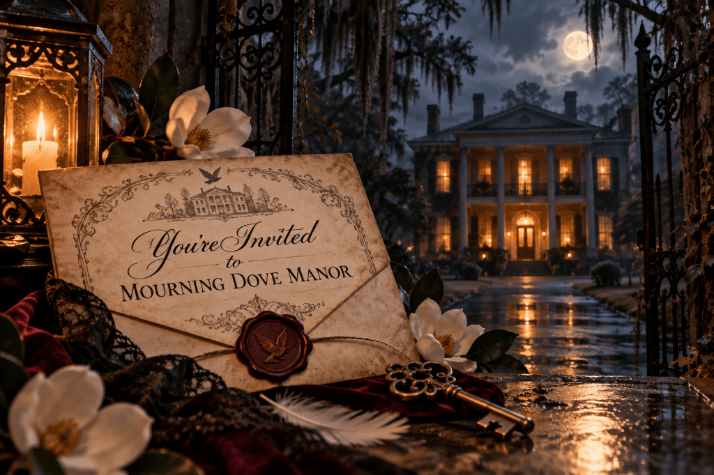 Alt text: An antique invitation to Mourning Dove Manor rests beside magnolia blossoms, a vintage key, and candlelight, with the grand Southern manor glowing beyond wrought-iron gates beneath a full moon.