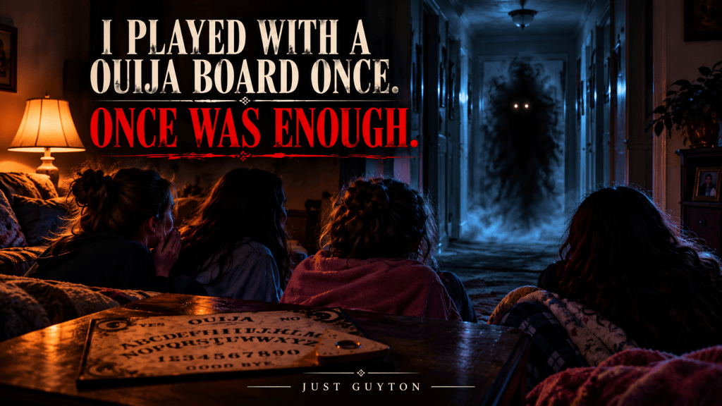 Four teenage girls gathered in a dark living room with a Ouija board as a mist-like figure with glowing eyes stands in the hallway.