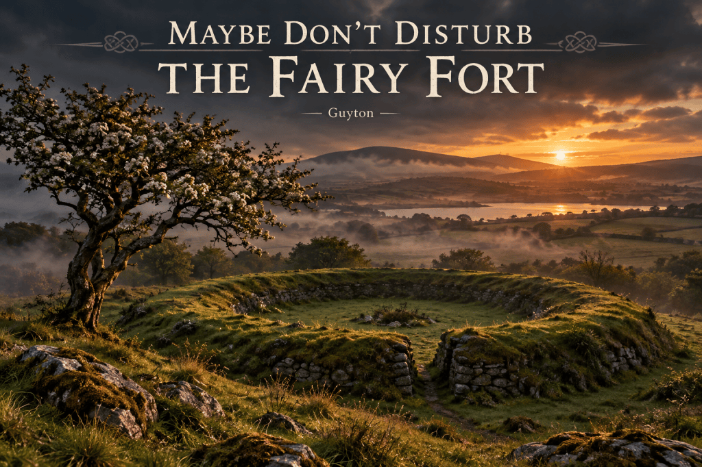 “Maybe Don’t Disturb the Fairy Fort” featuring an ancient grassy Irish ringfort beside a flowering hawthorn tree, surrounded by misty green countryside beneath a dramatic sunset sky.
