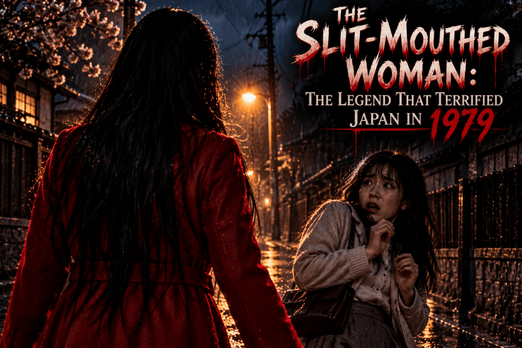 A mysterious woman with long black hair and a red coat approaches a terrified young Japanese woman on a dark, rain-soaked street in 1979. The frightened woman recoils in horror while the mysterious figure's face remains hidden. The image features the title “The Slit-Mouthed Woman: The Legend That Terrified Japan in 1979.”
