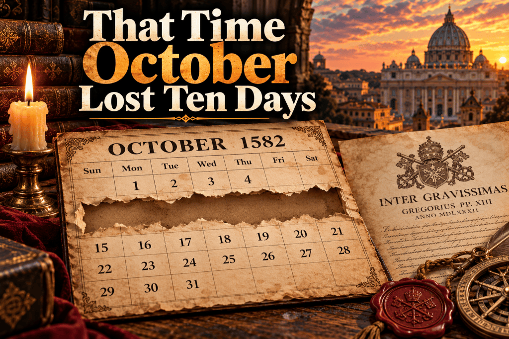Vintage-style October 1582 calendar with October 5–14 torn away, representing the ten dates omitted during the Gregorian calendar reform, beside the Inter gravissimas decree with St. Peter’s Basilica in the background.