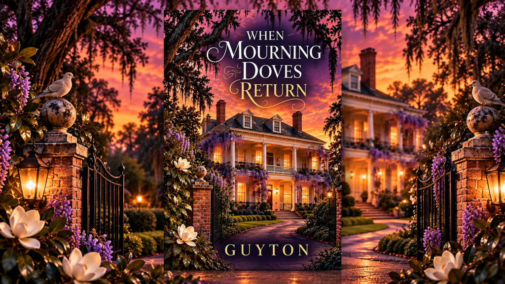 Book cover of When Mourning Doves Return by GUYTON, centered against a Southern Gothic mansion at sunset, framed by purple wisteria, magnolias, wrought-iron gates, glowing lanterns, and two mourning doves.