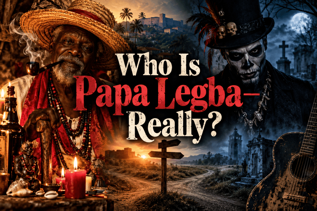 Split image contrasting a traditional depiction of Papa Legba as an elderly man in a straw hat with a dark, horror-inspired figure in a top hat, separated by a crossroads beneath the words “Who Is Papa Legba—Really?”