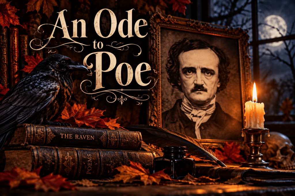 “An Ode to Poe” featuring a portrait of Edgar Allan Poe, a black raven, antique books, quill and ink, autumn leaves, candlelight, and a full moon in a dark Gothic setting.